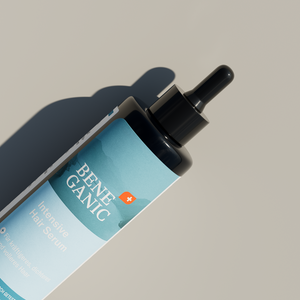 Beneganic Intensive Hair Serum Etikett Nahaufnahme mit Pipette